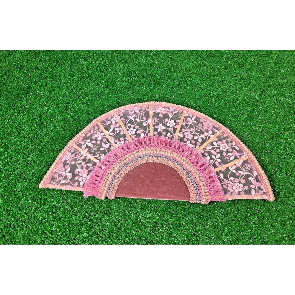 Handmade Fixed Hand Fan Rose Pink Lace Velvet Pearl Fringe Usable Accessory New